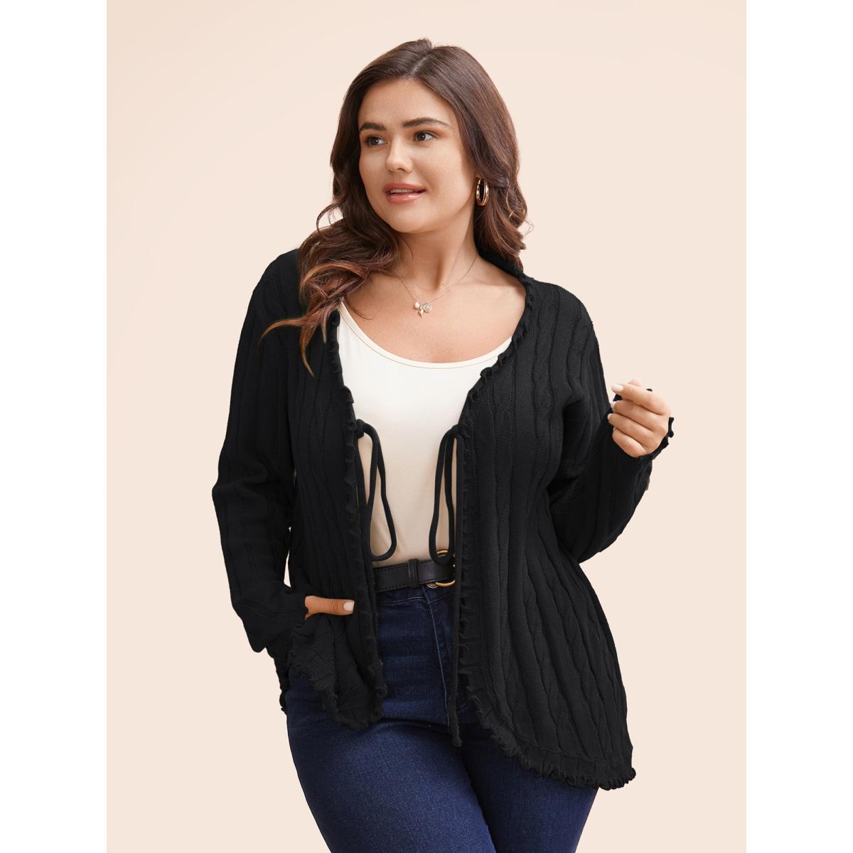 Plus Size Cable Knit Tie Knot Frill Trim Cardigan Black Women Casual Loose Long Sleeve Everyday Cardigans BloomChic 10/M Product Image