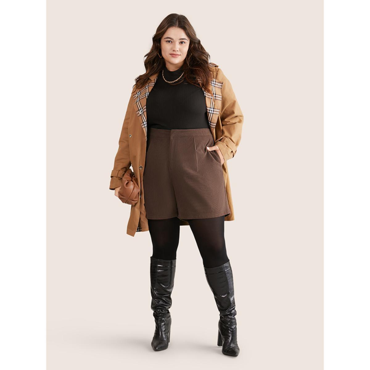 Plus Size Solid Corduroy Plicated Detail Shorts Women DarkBrown Office Texture Work Shorts BloomChic 26/4X Product Image