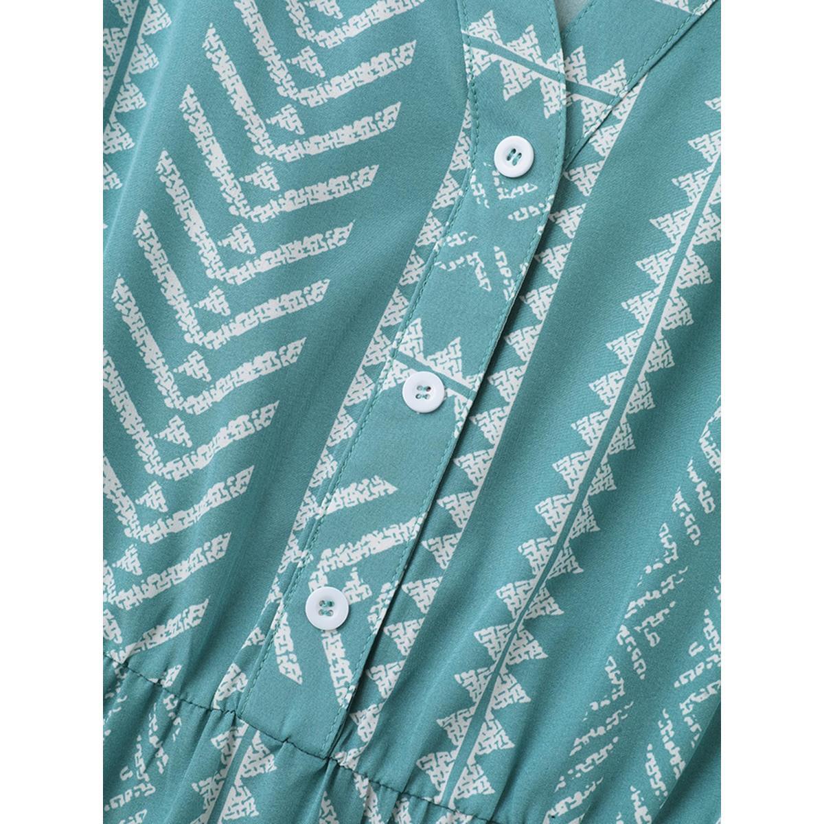 Plus Size Boho Stripe Print Stretchy Waist Midi Dress Turquoise Women Resort Button Flat collar with V-notch Half Sleeve Curvy BloomChic 26/4X Product Image