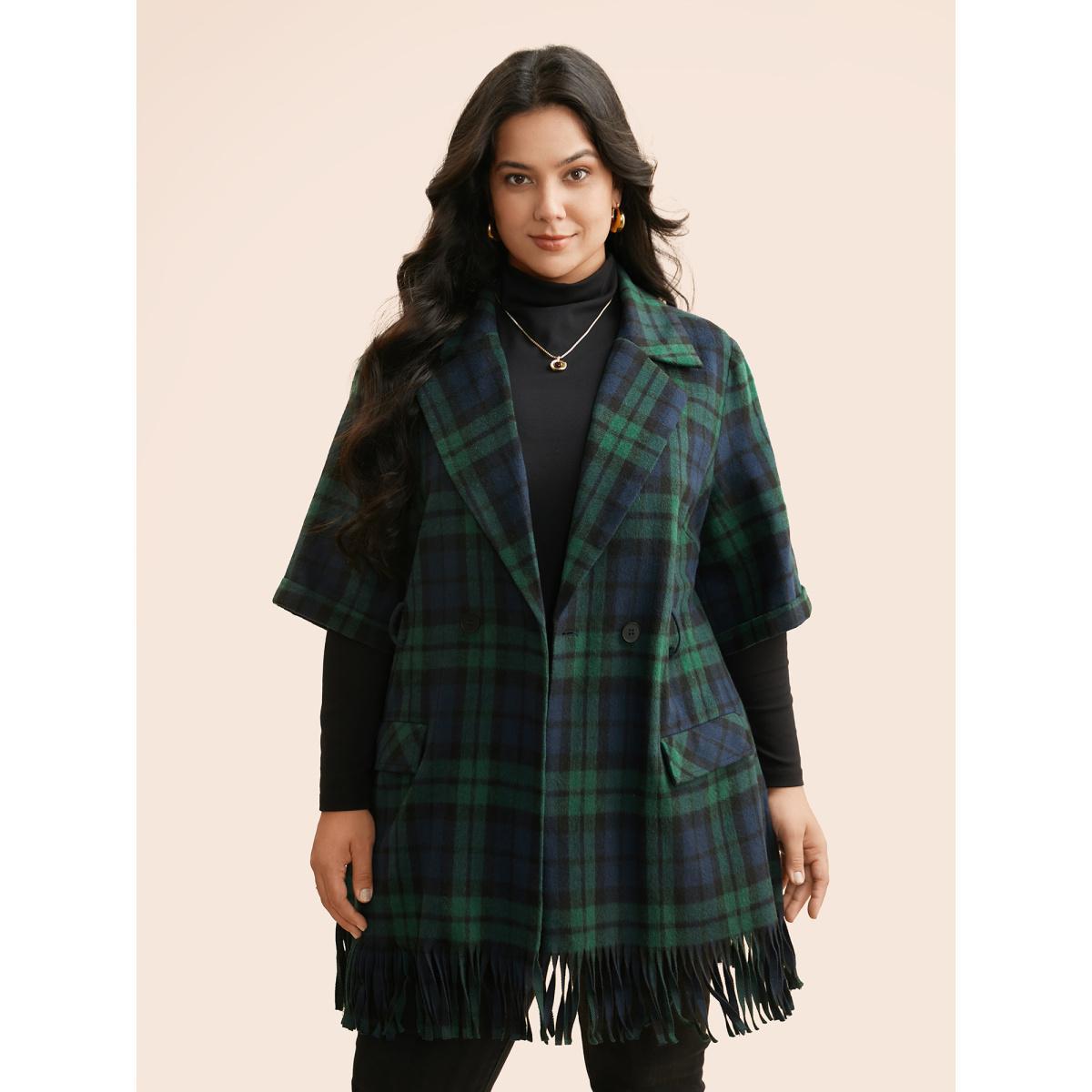 Plus Size Plaid Tassel Trim Pocket Belted Jacket Women Indigo Tassels Loose Open pocket with flap Belt Everyday Jackets BloomChic 18-20/2X Product Image