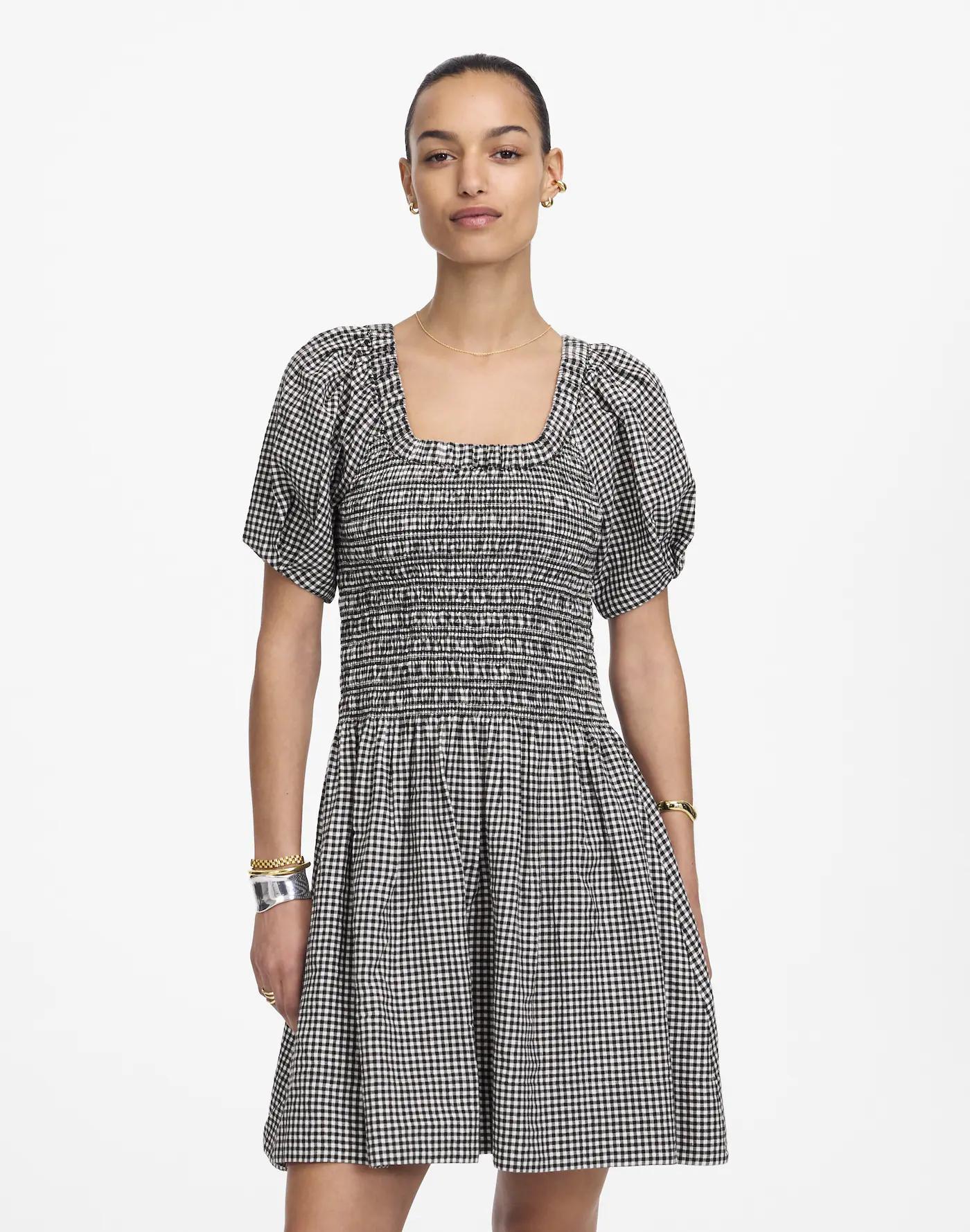 Smocked U-Neck Mini Dress in Gingham Product Image