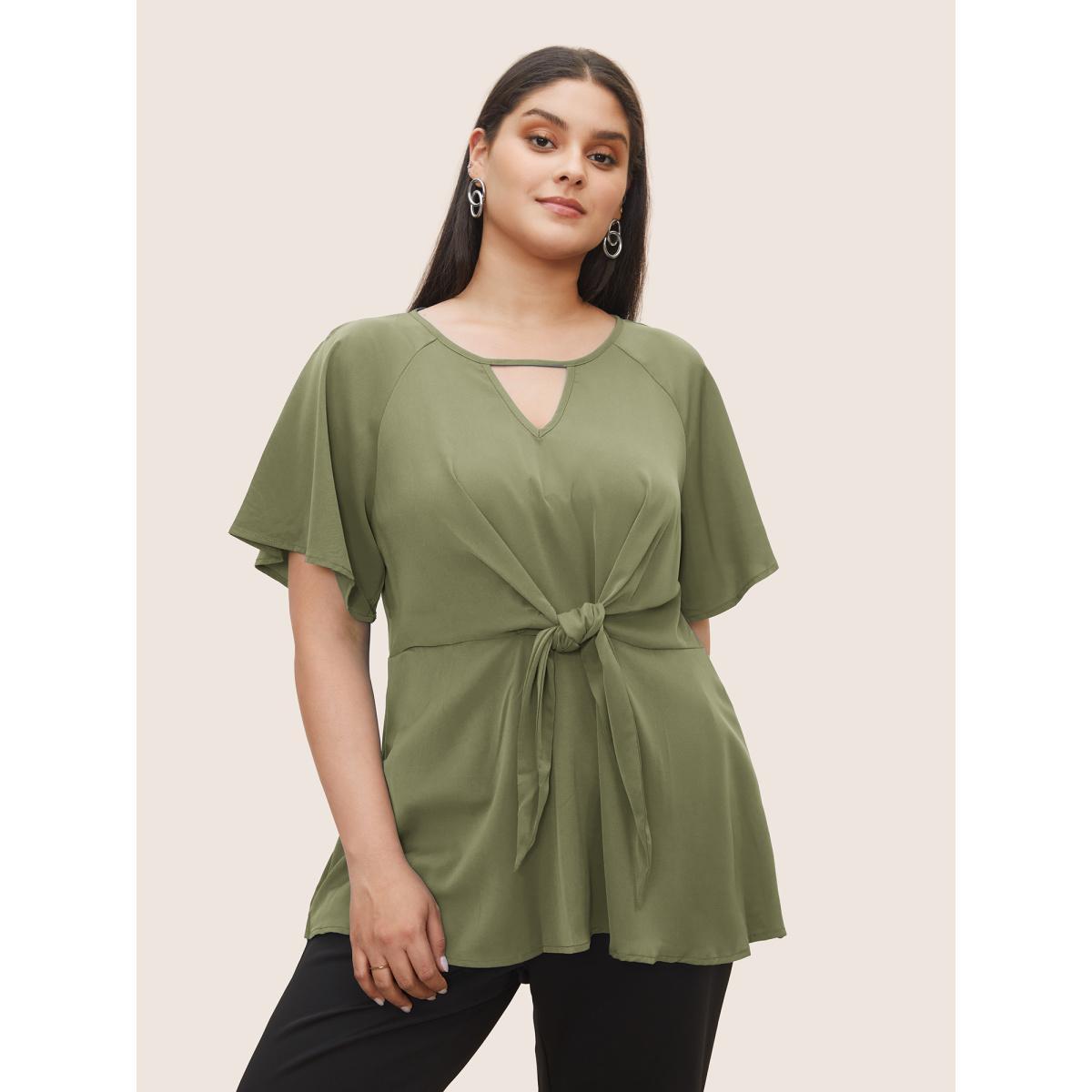 Plus Size ArmyGreen Plain Keyhole Knotted Front Ruffle Sleeve Blouse Women Work From Home Short sleeve Round Neck Work Blouses BloomChic 18-20/2X Product Image