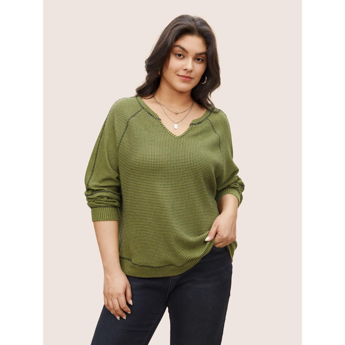 Plus Size Waffle Knit Notched Contrast Stitch Patchwork Sweatshirt Women ArmyGreen Casual Topstitching Notched collar Everyday Sweatshirts BloomChic 12/L Product Image