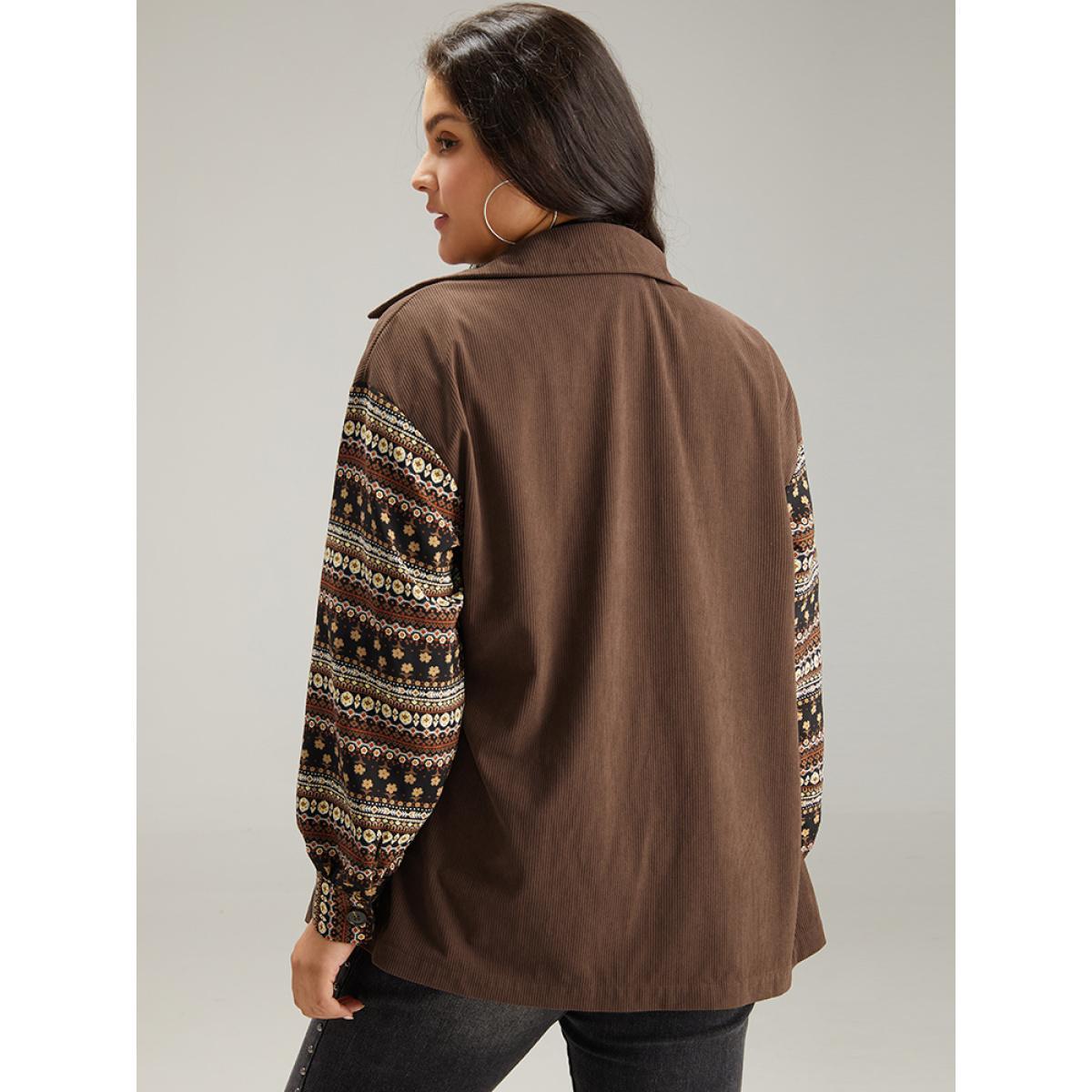 Plus Size Bandana Print Patchwork Button Through Jacket Women DarkBrown Contrast Pocket Dailywear Jackets BloomChic 18-20/2X Product Image