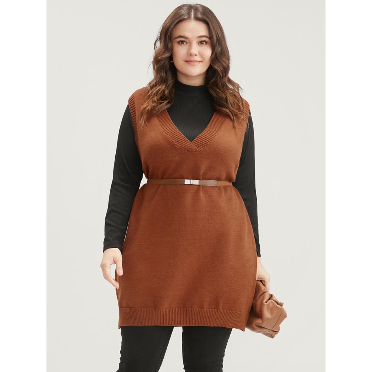 Plus Size Solid Pointelle Knit V Neck Sleeveless Knit Top Brown Women Elegant Sleeveless V-neck Dailywear Pullovers BloomChic 18-20/2X Product Image