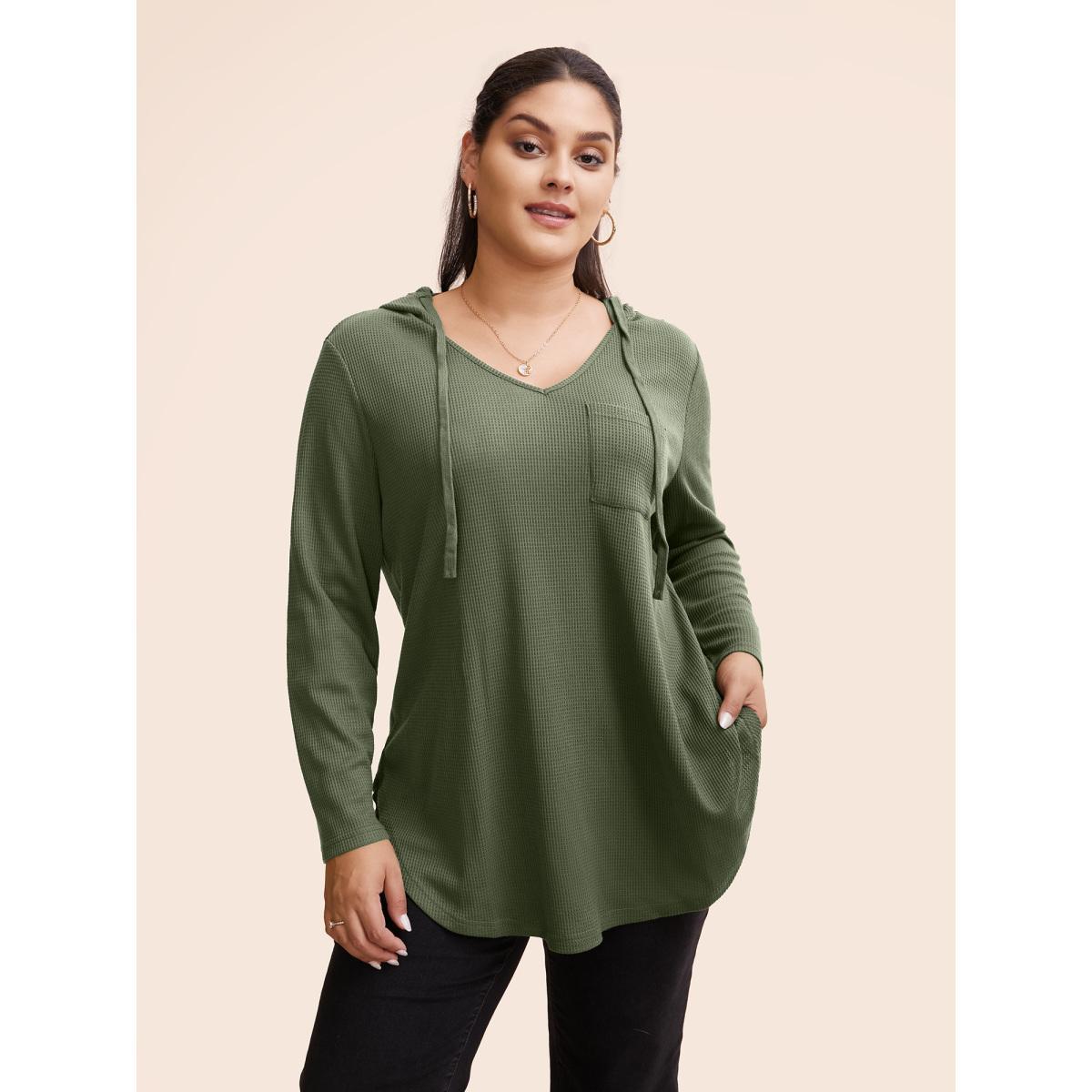 Plus Size Waffle Knit Pocket Hooded Drawstring Arc Hem T-shirt Green Women Casual Texture Plain Hooded Everyday T-shirts BloomChic 22-24/3X Product Image
