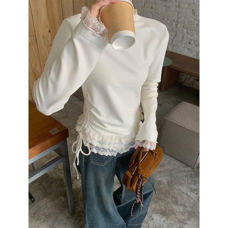 Long-Sleeve Mock Neck Drawstring Lace Trim Fleece-Lined Slim Fit Tee Product Image