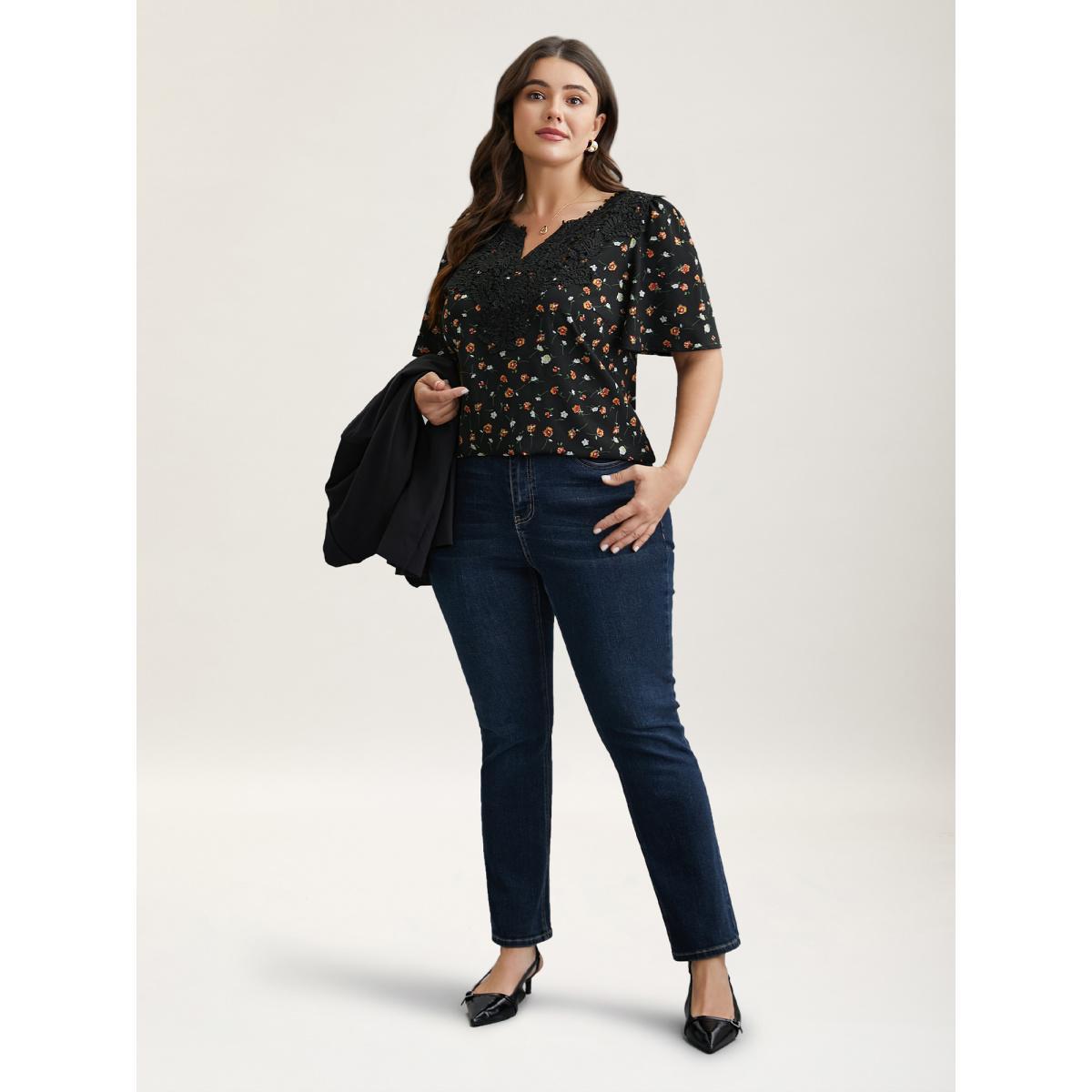 Plus Size Black Lace Spliced Floral Print Notched Collar Blouse Women Elegant Short sleeve Notched collar Everyday Blouses BloomChic 12/L Product Image