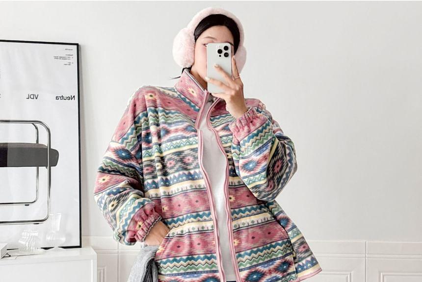 Pattern Mock Neck Fleece Loose-Fit Zip-Up Jacket Product Image