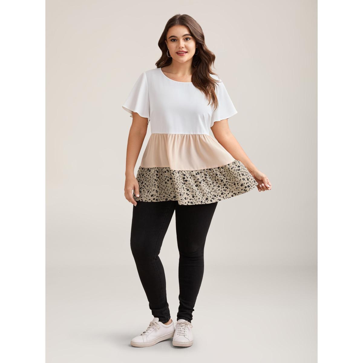 Plus Size Multicolor Round Neck Contrast Tiered Blouse Women Casual Cap Sleeve Round Neck Everyday Blouses BloomChic 22-24/3X Product Image