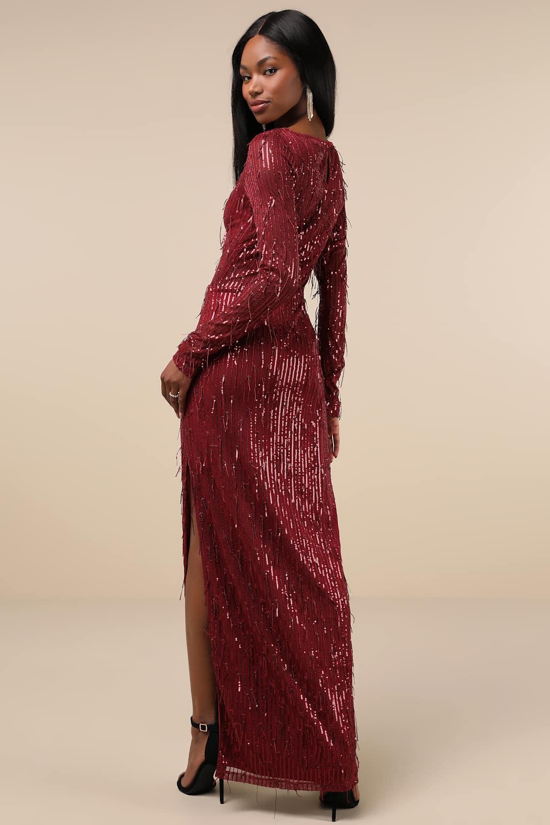 Sheer Fascination Burgundy Sheer Mesh Sequin Fringe Maxi Dress Product Image