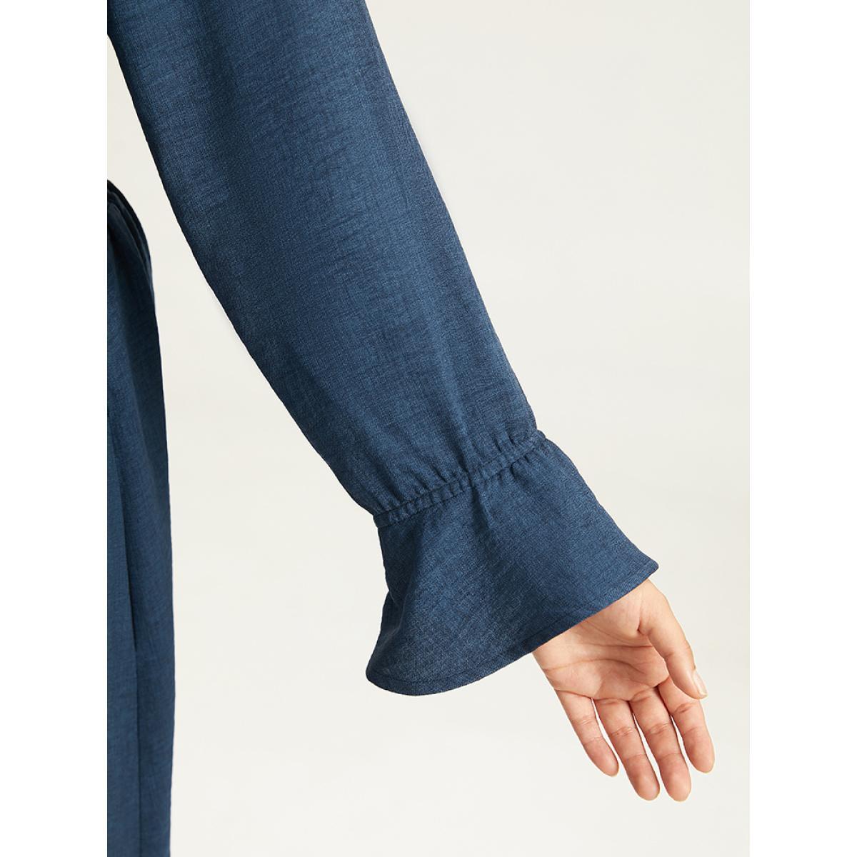 Plus Size Plain Shirred Patchwork Gathered Dress Indigo Women Casual Elastic cuffs V-neck Long Sleeve Curvy Midi Dress BloomChic 22-24/3X Product Image