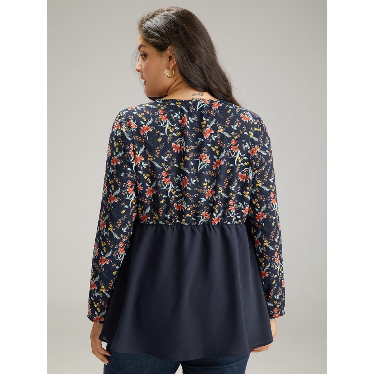 Plus Size Indigo Floral Print Patchwork Pleated Blouse Women Elegant Long Sleeve V-neck Dailywear Blouses BloomChic 26/4X Product Image