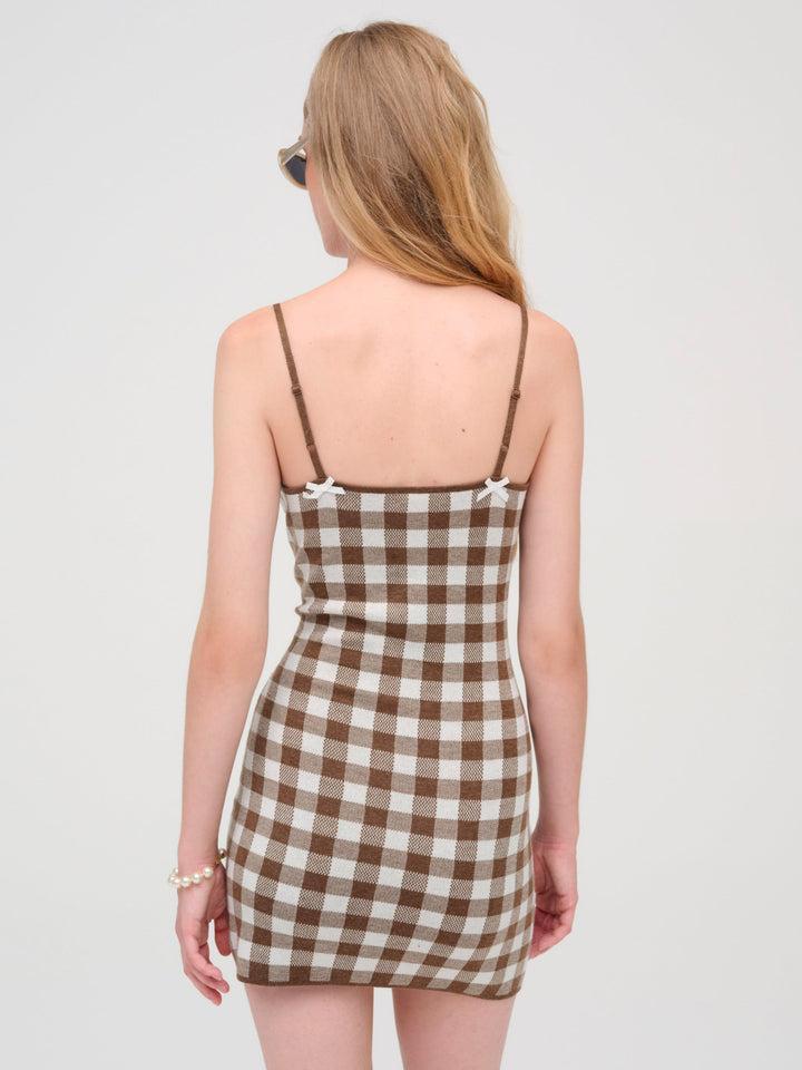 Gingham Knit Mini Dress — Neutral Product Image