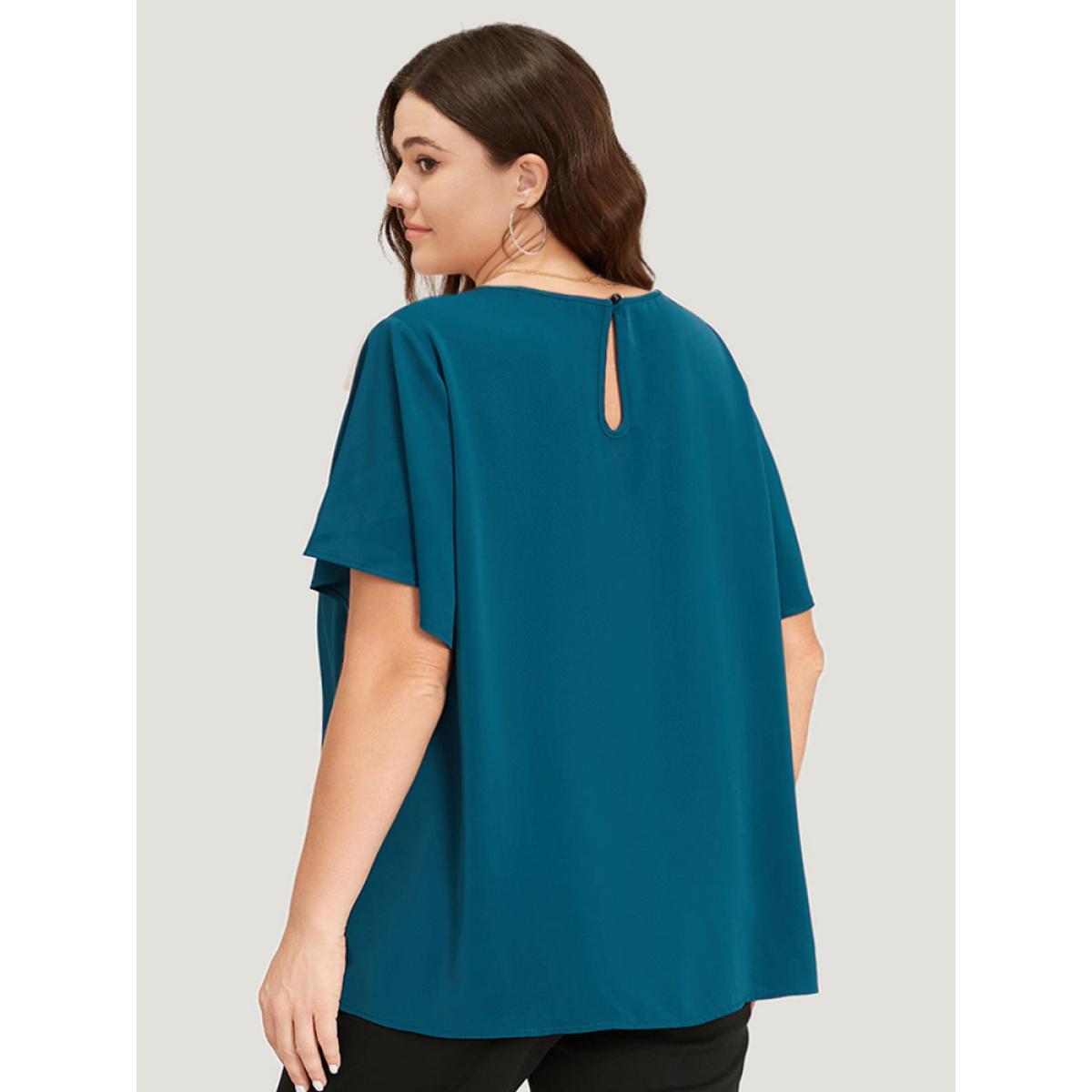 Plus Size Cyan Plain Cut Out Flutter Sleeve Pleated Blouse Women Office Short sleeve V-neck Work Blouses BloomChic 10/M Product Image
