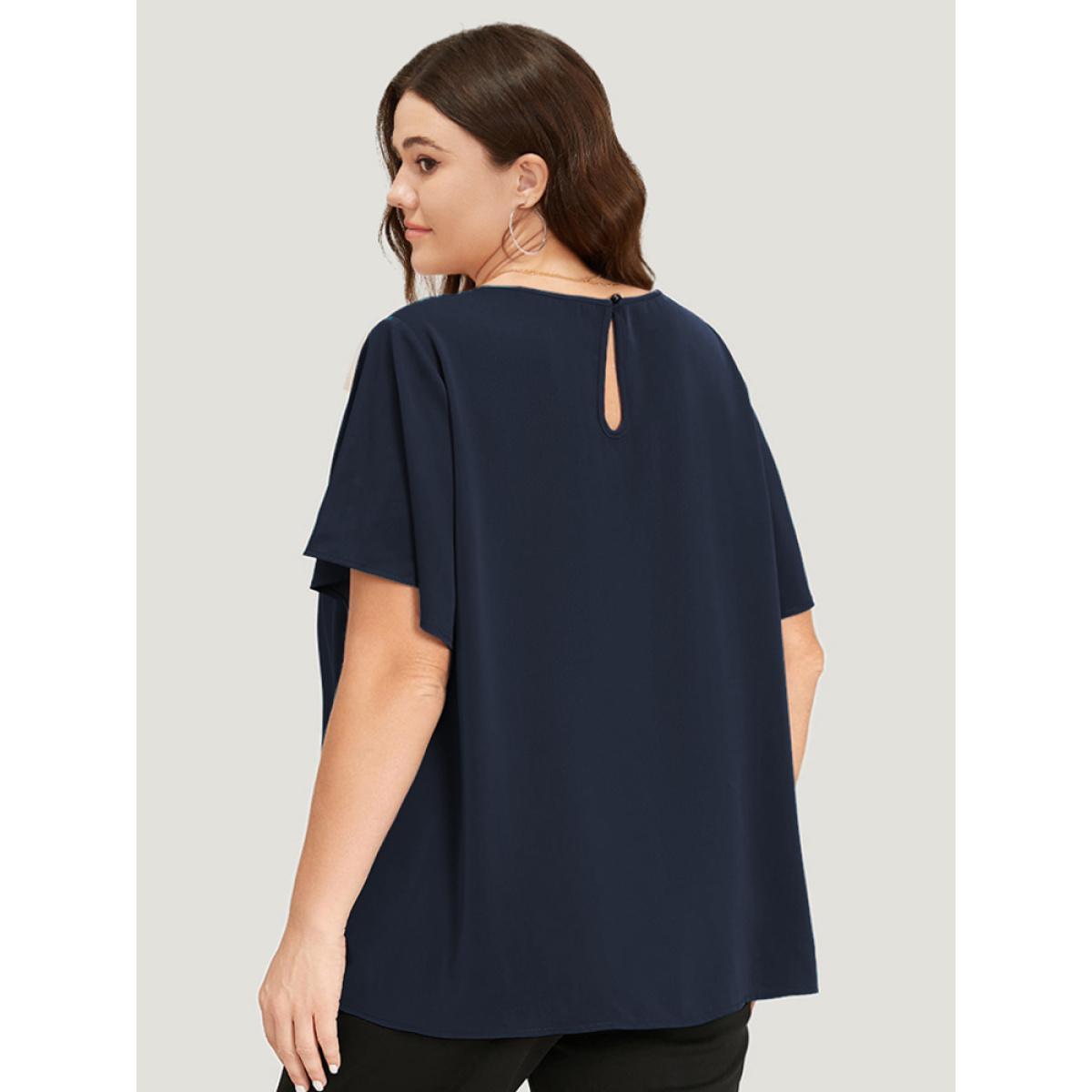 Plus Size Indigo Plain Cut Out Flutter Sleeve Pleated Blouse Women Office Short sleeve V-neck Work Blouses BloomChic 14-16/1X Product Image
