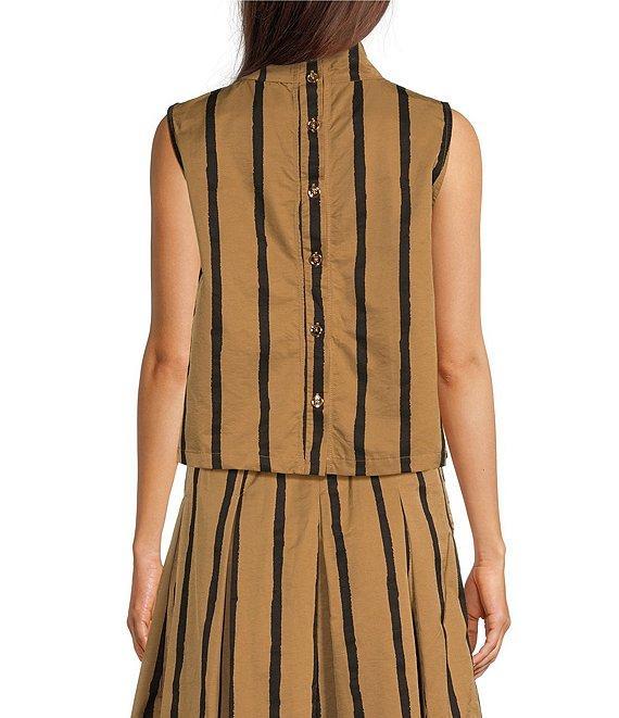 Buru Stripe Brocade Cropped Sleeveless Mock Neck Button Back Coordinating Boxy Top Product Image
