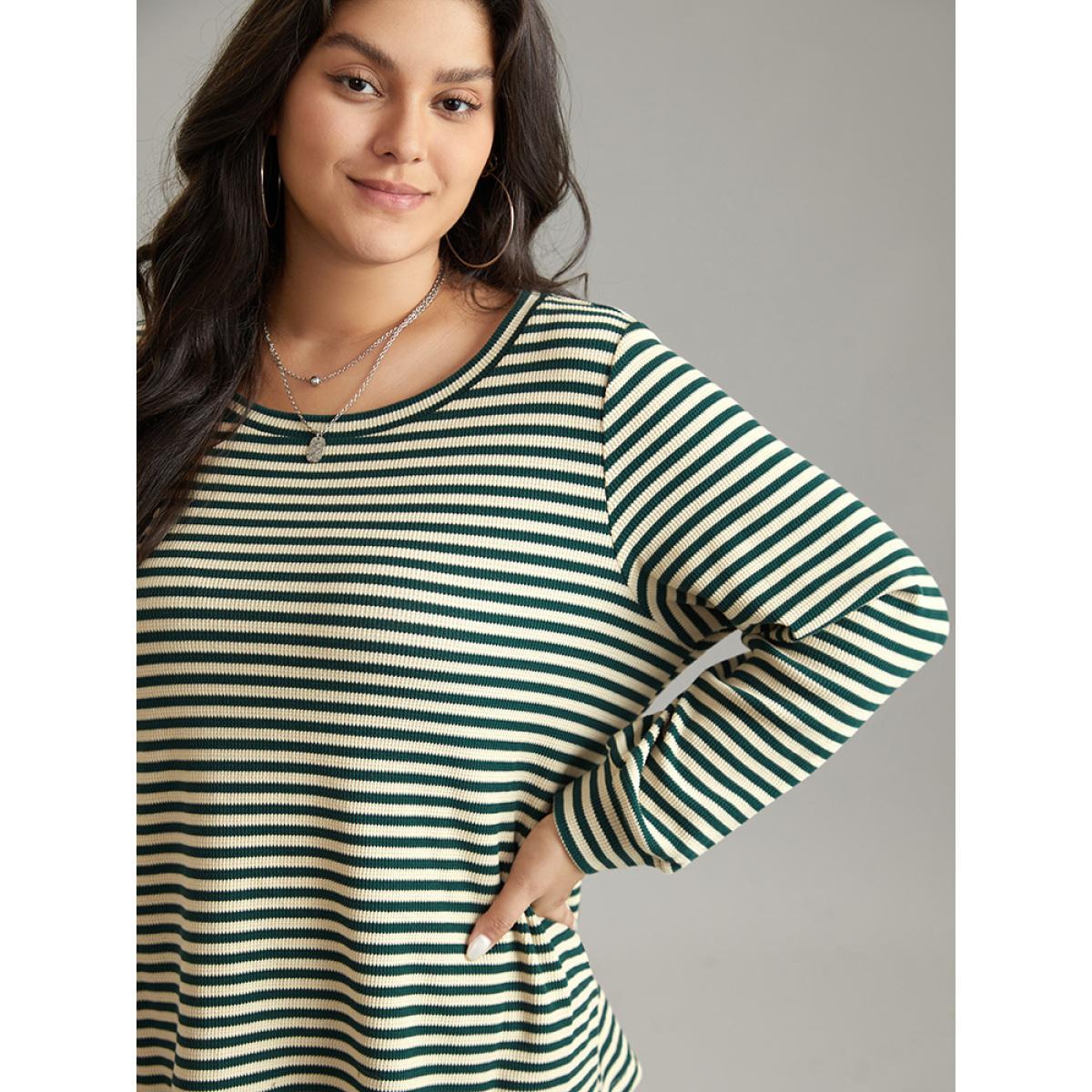 Plus Size Striped Two Tone Crew Neck Knit T-shirt Green Women Casual Waffle Knit Striped Round Neck Dailywear T-shirts BloomChic 28/5X Product Image