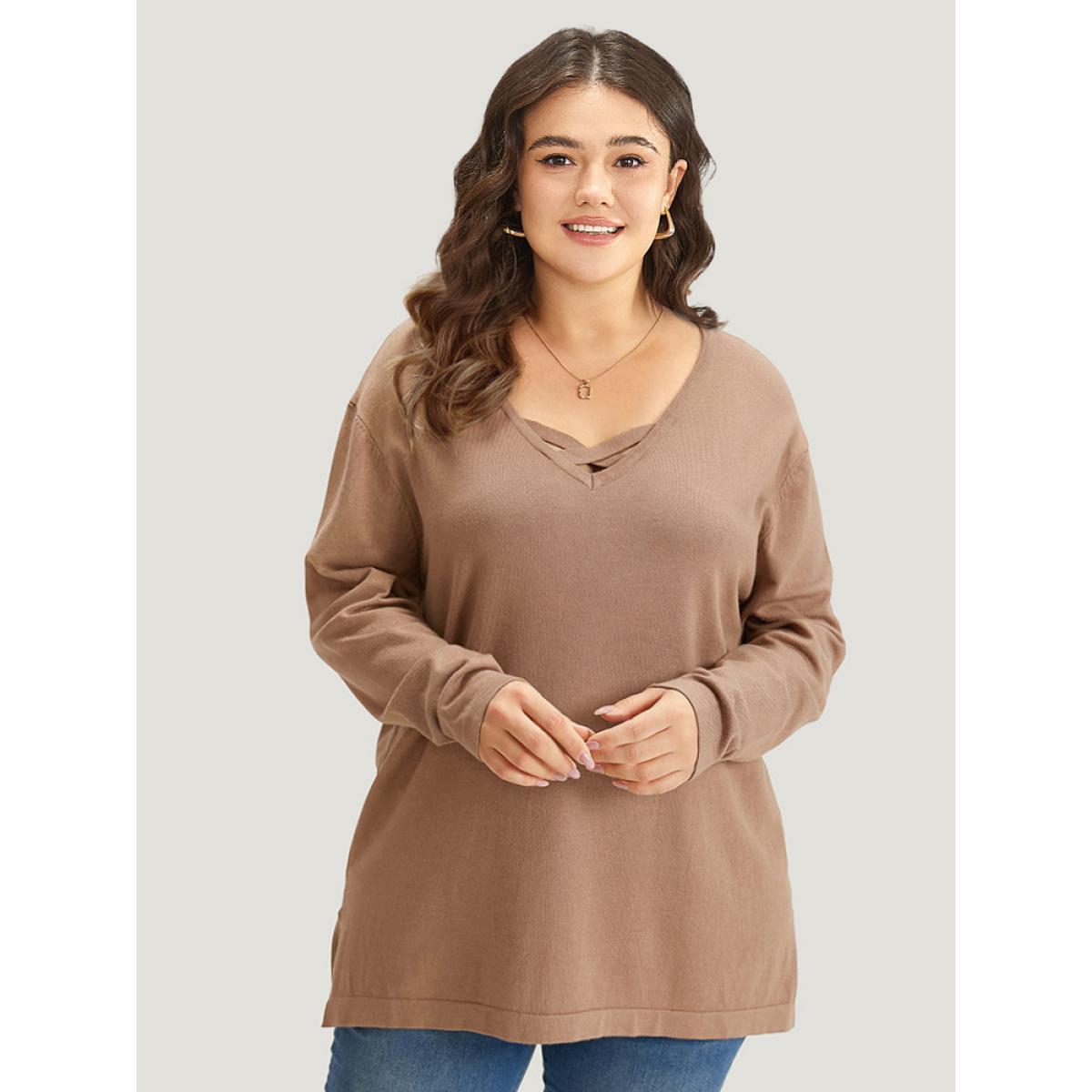 Plus Size Supersoft Essentials Crisscross Neck Split Side Pullover Tan Women Casual Loose Long Sleeve V-neck Dailywear Pullovers BloomChic 12/L Product Image