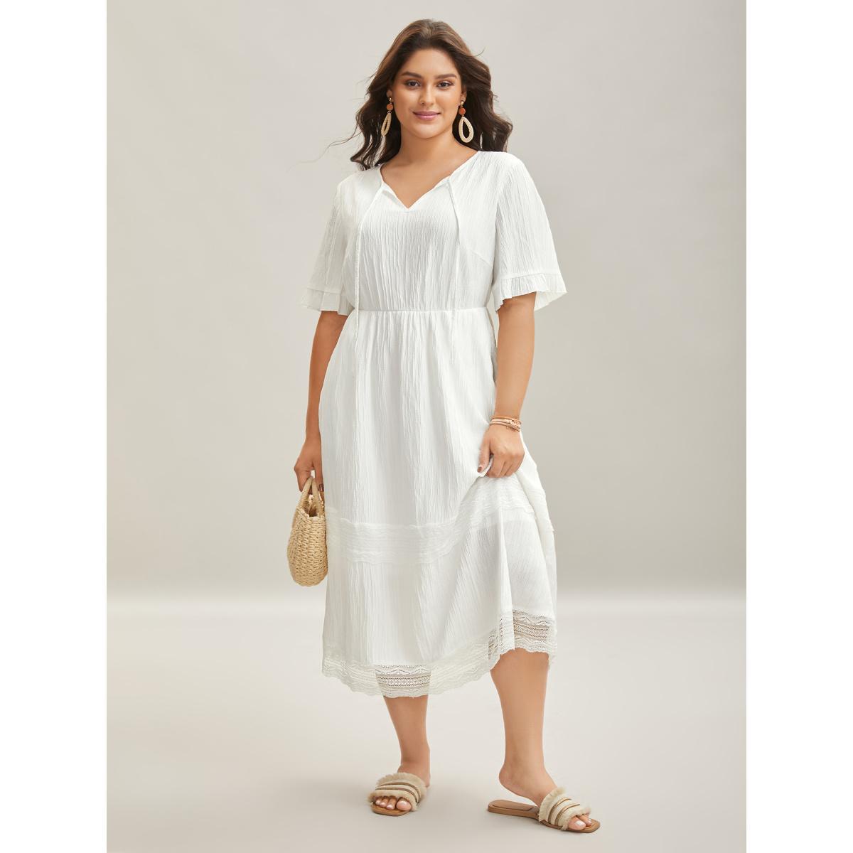 Plus Size Textured Cut-Out Lace Tied Midi Dress Beige Women Woven ribbon&lace trim V-neck Half Sleeve Curvy BloomChic 18-20/2X Product Image