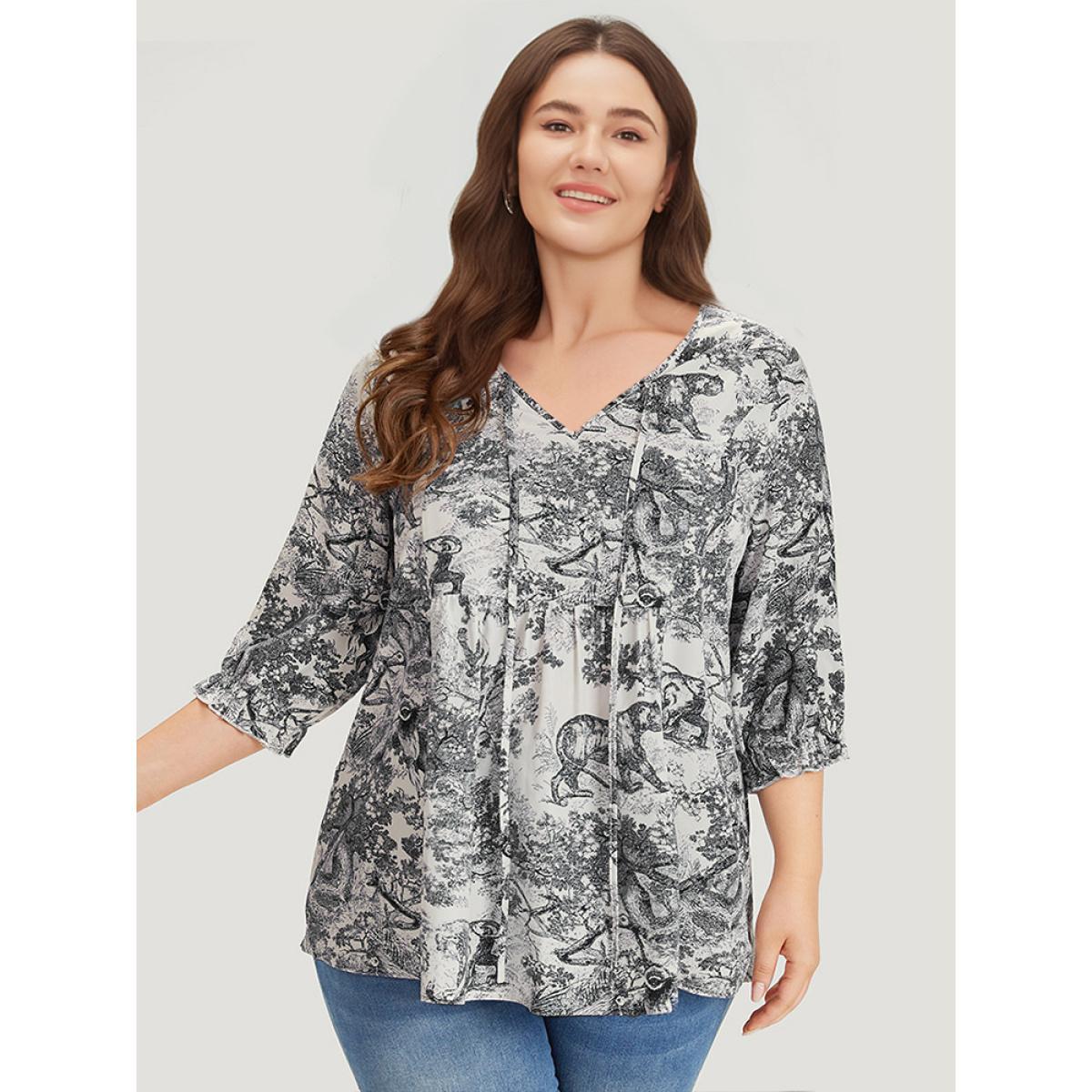 Plus Size Black Print Knot Neck Lantern Sleeve Ruffle Hem Blouse Women Vacation Half Sleeve V-neck Dailywear Blouses BloomChic 22-24/3X Product Image