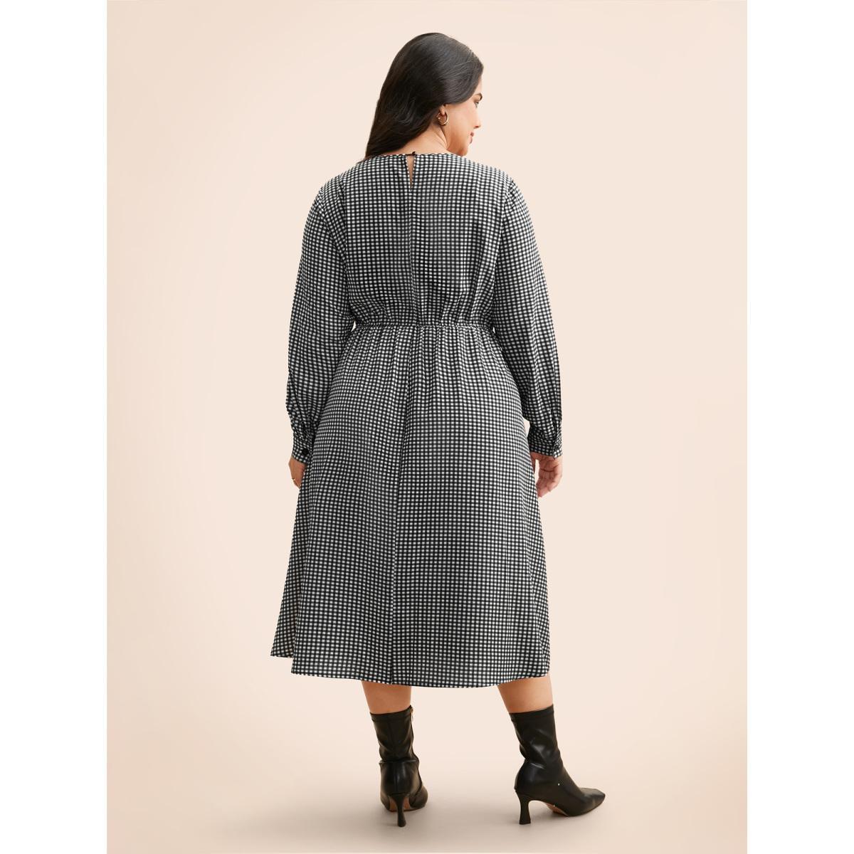 Plus Size Gingham Silhouette Floral Print Midi Dress Black Women Elegant Non Round Neck Long Sleeve Curvy BloomChic 26/4X Product Image