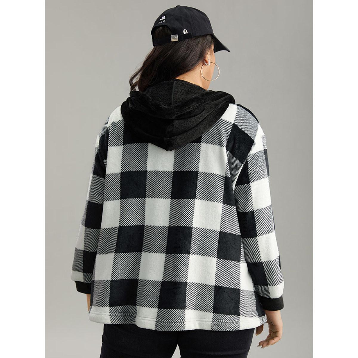 Plus Size Plaid Button Through Patchwork Hooded Jacket Women Black Casual Contrast Ladies Dailywear Winter Coats BloomChic 26/4X Product Image