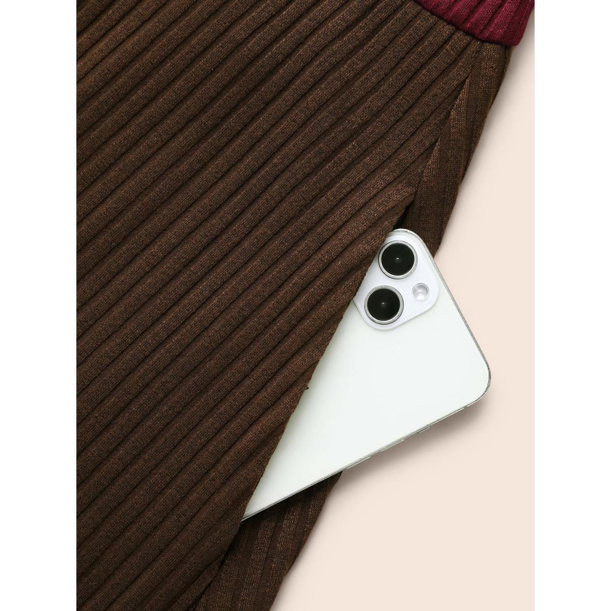 Plus Size Colorblock Contrast Textured Pocket Dress Browncoffeecolor Women Casual Texture Round Neck Long Sleeve Curvy BloomChic 22-24/3X Product Image