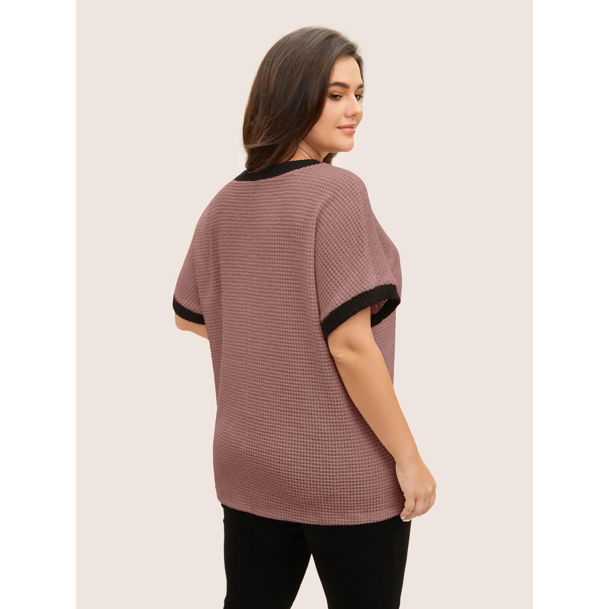 Plus Size V Neck Contrast Button Detail Knit T-shirt DustyPink Women Casual Texture V-neck Everyday T-shirts BloomChic 10/M Product Image