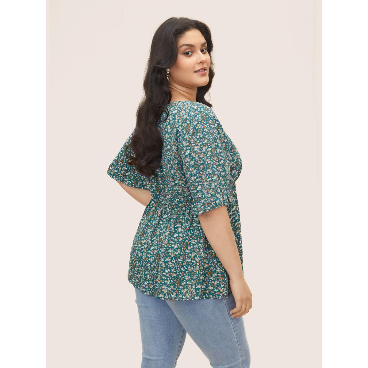 Plus Size Aegean Ditsy Floral Cross Straps Ruffle Sleeve Blouse Women Elegant Half Sleeve V-neck Everyday Blouses BloomChic 10/M Product Image