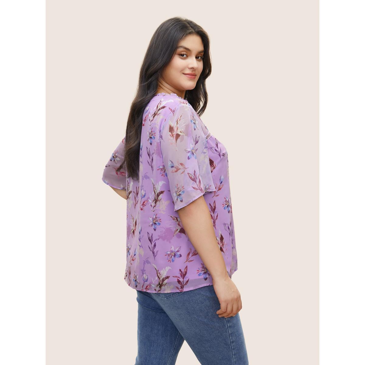 Plus Size Purple Plants Guipure Lace Button Detail Mesh Blouse Women Elegant Short sleeve V-neck Everyday Blouses BloomChic 22-24/3X Product Image