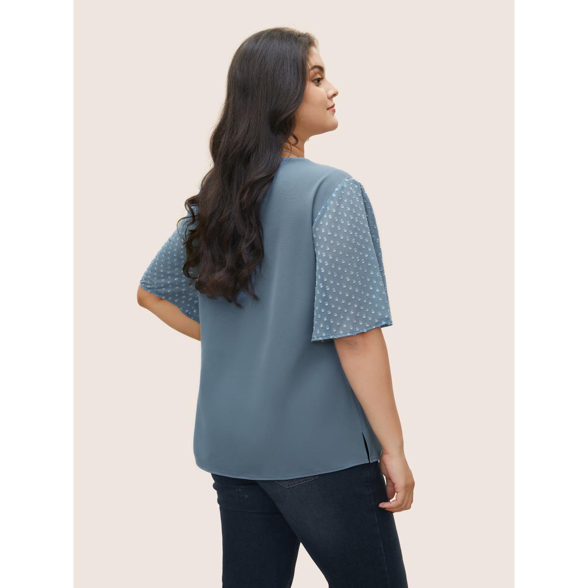 Plus Size Stone Patchwork Chiffon Asymmetrical Neck Button Detail Blouse Women At the Office Half Sleeve Asymmetrical Neck Work Blouses BloomChic 26/4X Product Image