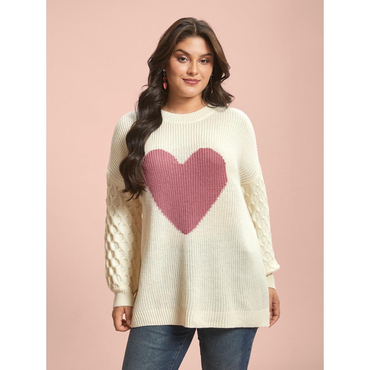 Plus Size Round Neck Heart Cable Knit Pullover Ivory Women Casual Loose Long Sleeve Round Neck Everyday Pullovers BloomChic 10/M Product Image