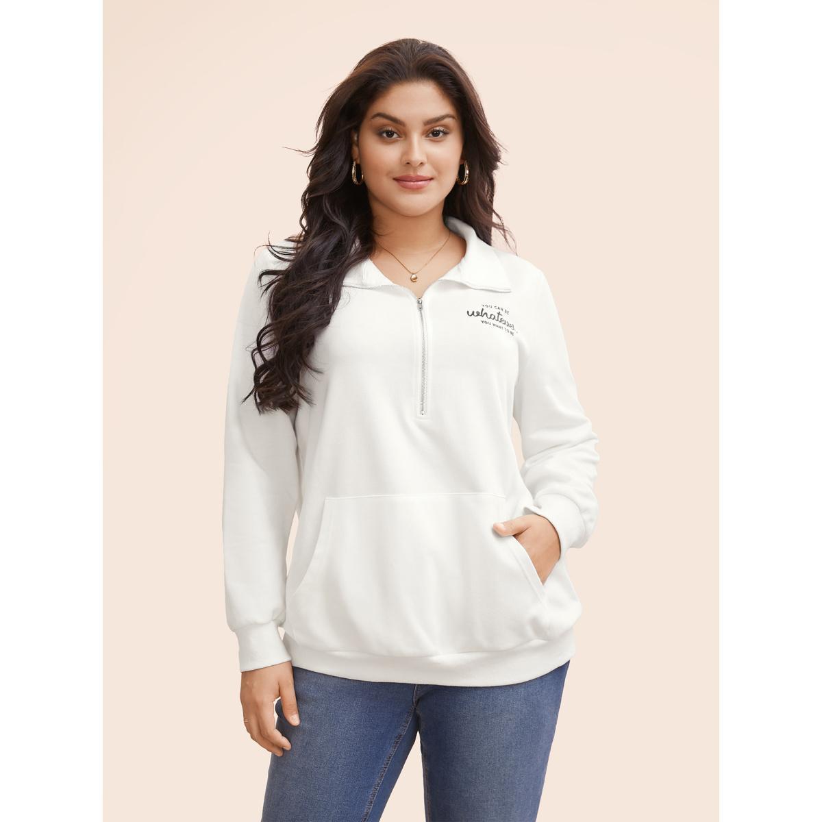 Plus Size Letter Print Half Zip Kangaroo Pocket Sweatshirt Women Originalwhite Elegant Patchwork Polo Everyday Sweatshirts BloomChic 10/M Product Image