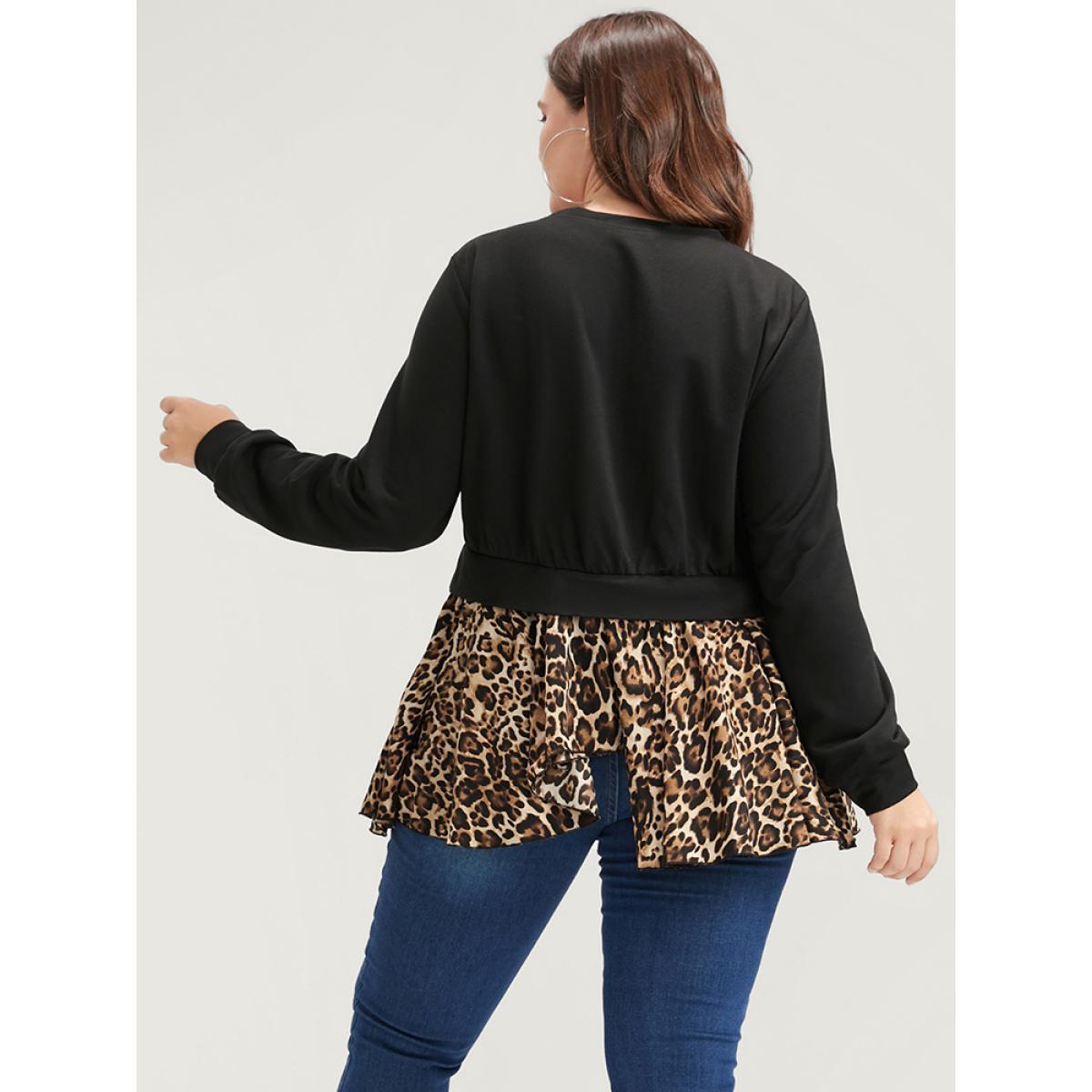 Plus Size Leopard Patchwork Asymmetrical Hem Sweatshirt Women Black Elegant Contrast Round Neck Dailywear Sweatshirts BloomChic 28/5X Product Image