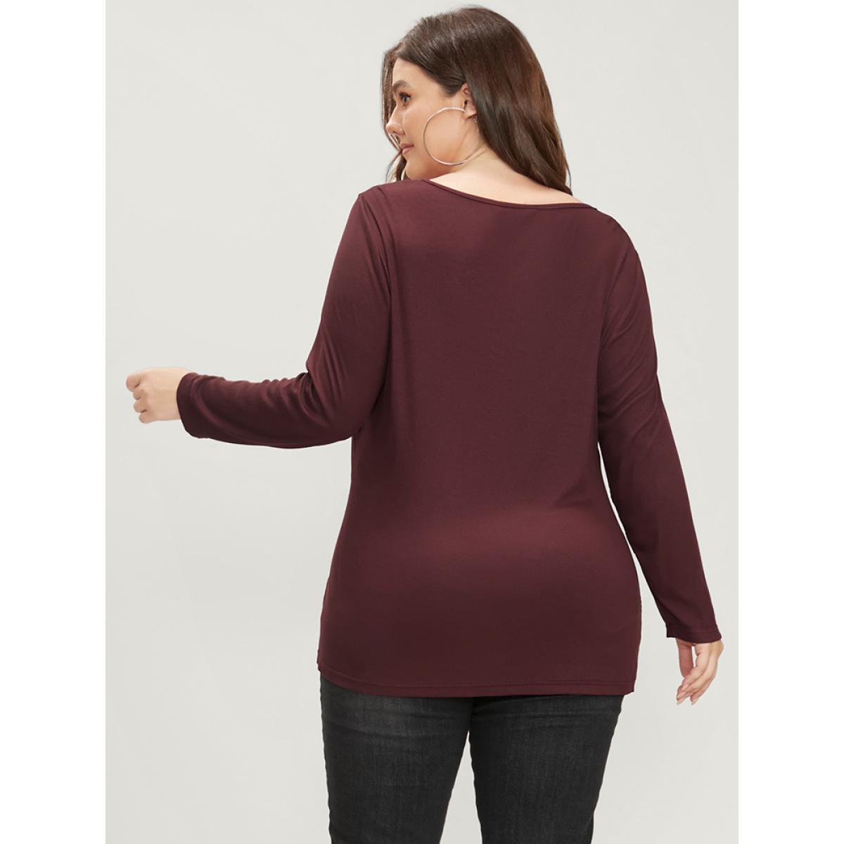 Plus Size Solid V Neck Contrast Lace Rib Knit Long Tee Scarlet Women Elegant Plain V-neck Dailywear T-shirts BloomChic 28/5X Product Image