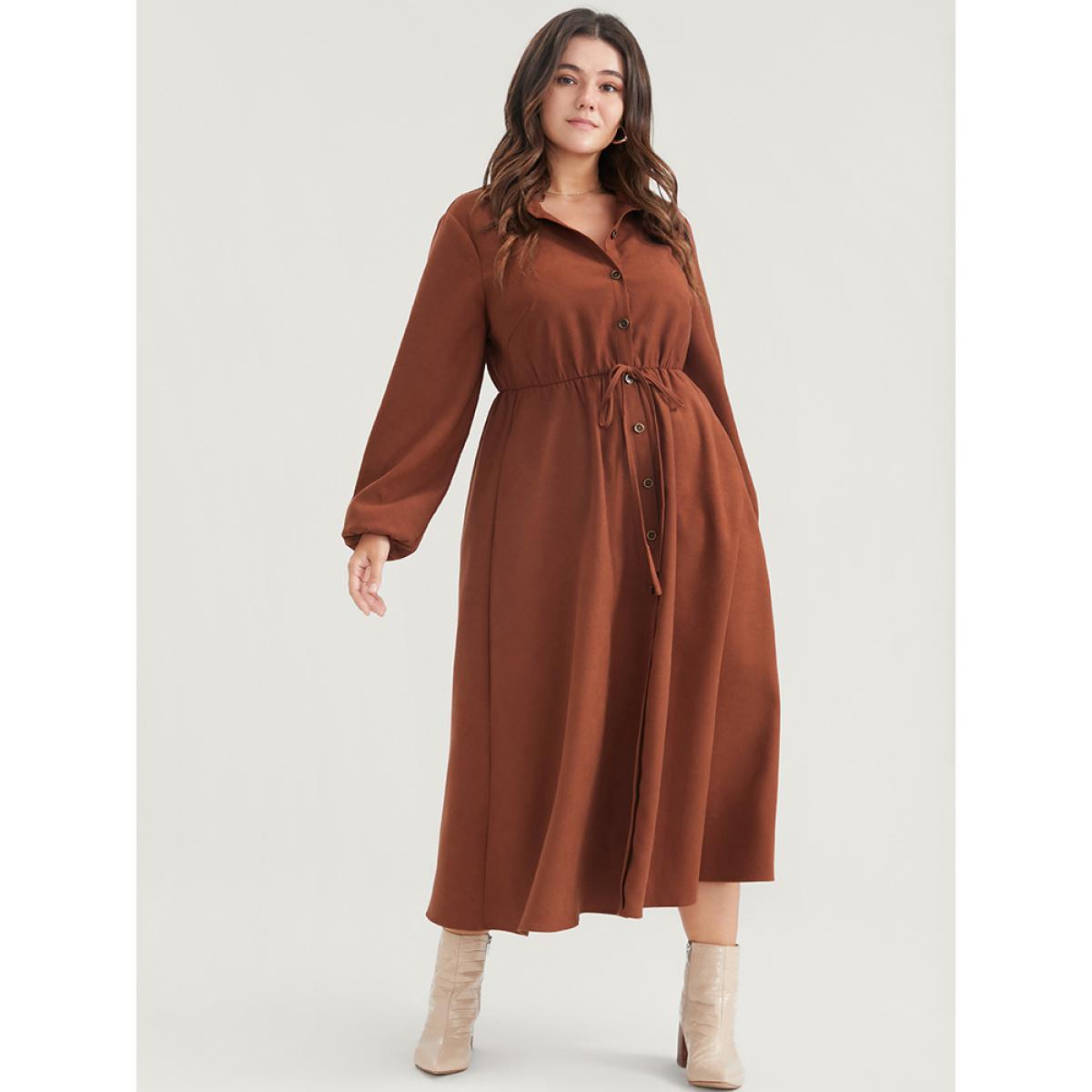Plus Size Solid Tie Up Shirt Collar Pocket Button Detail Corduroy Dress Chocolate Women Office Button Shirt collar Long Sleeve Curvy Midi Dress BloomChic 26/4X Product Image
