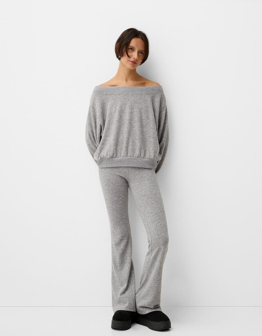 Soft touch flared pants with fold-over waist Product Image