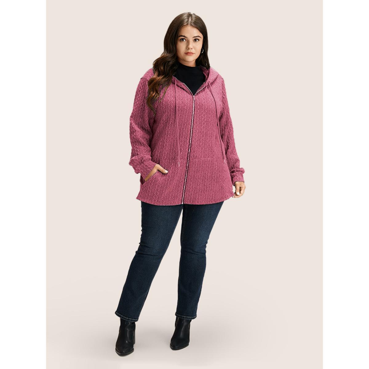 Plus Size Plain Textured Zipper Hooded Sweatshirt Women DustyPink Casual Non Hooded Everyday Sweatshirts BloomChic 10/M Product Image