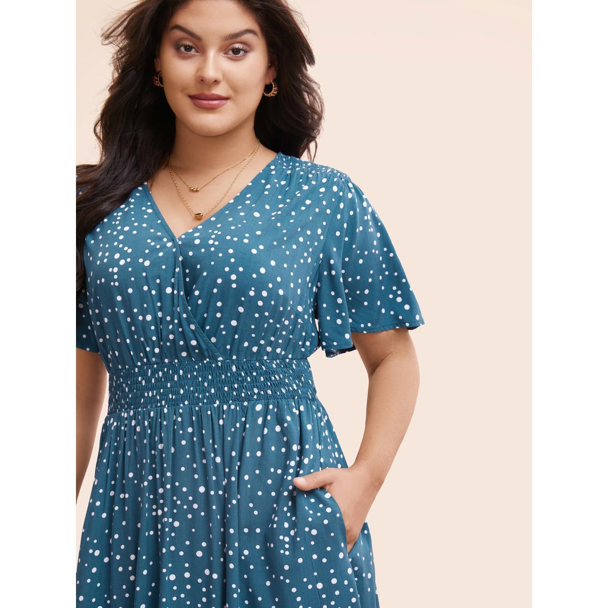 Plus Size Polka Dot Wrap Pocket Shirred Ruffle Sleeve Dress Aegean Women Elegant Patchwork Curvy Midi Dress BloomChic 12/L Product Image