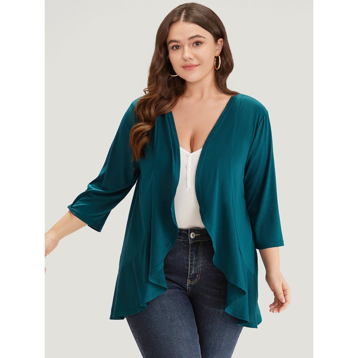 Plus Size Supersoft Essentials Drape Open Front Flutter Hem Kimono Women Teal Casual Drape Dailywear Kimonos BloomChic 18-20/2X Product Image