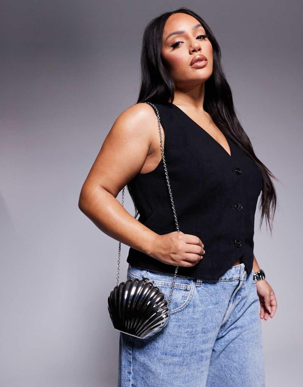 ASOS DESIGN shell metal clutch bag in silver with crossbody strap Product Image