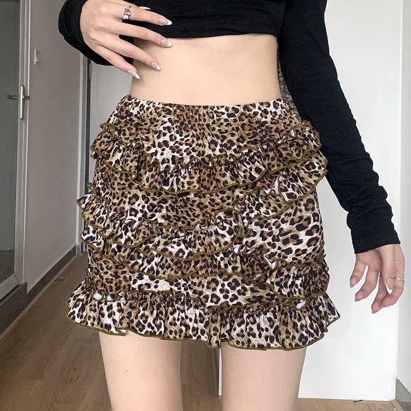 High Rise Leopard Ruffle Trim Mini Pencil Skirt Product Image