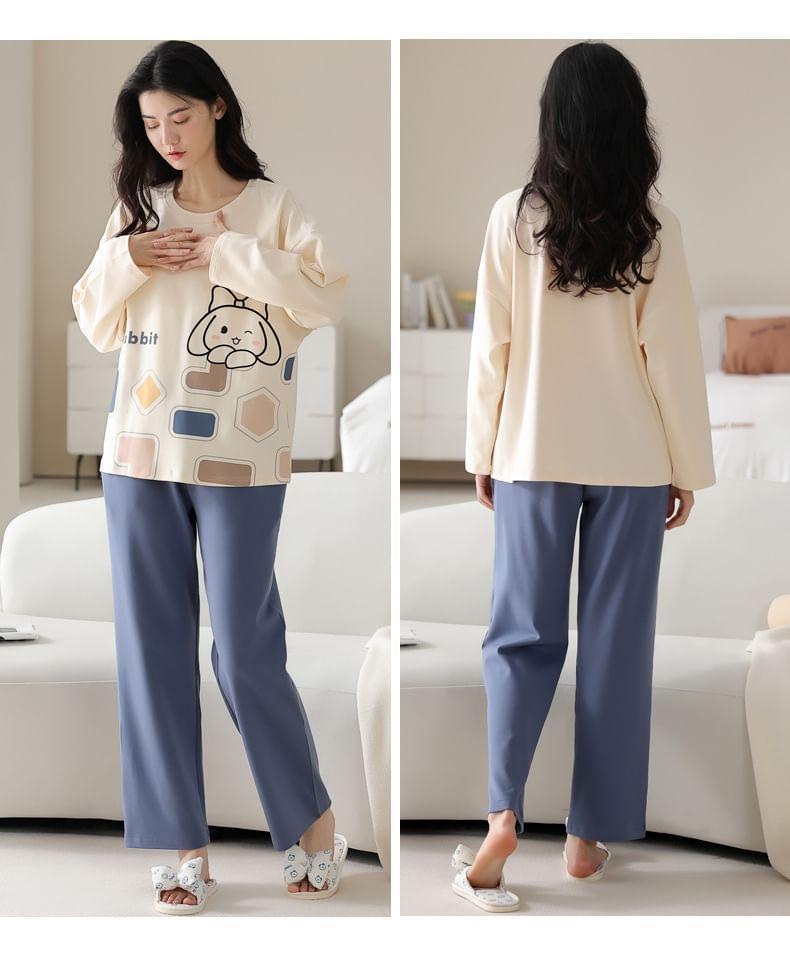 Loungewear Set : Long-Sleeve Rabbit Print Padded T-Shirt + Pants Product Image