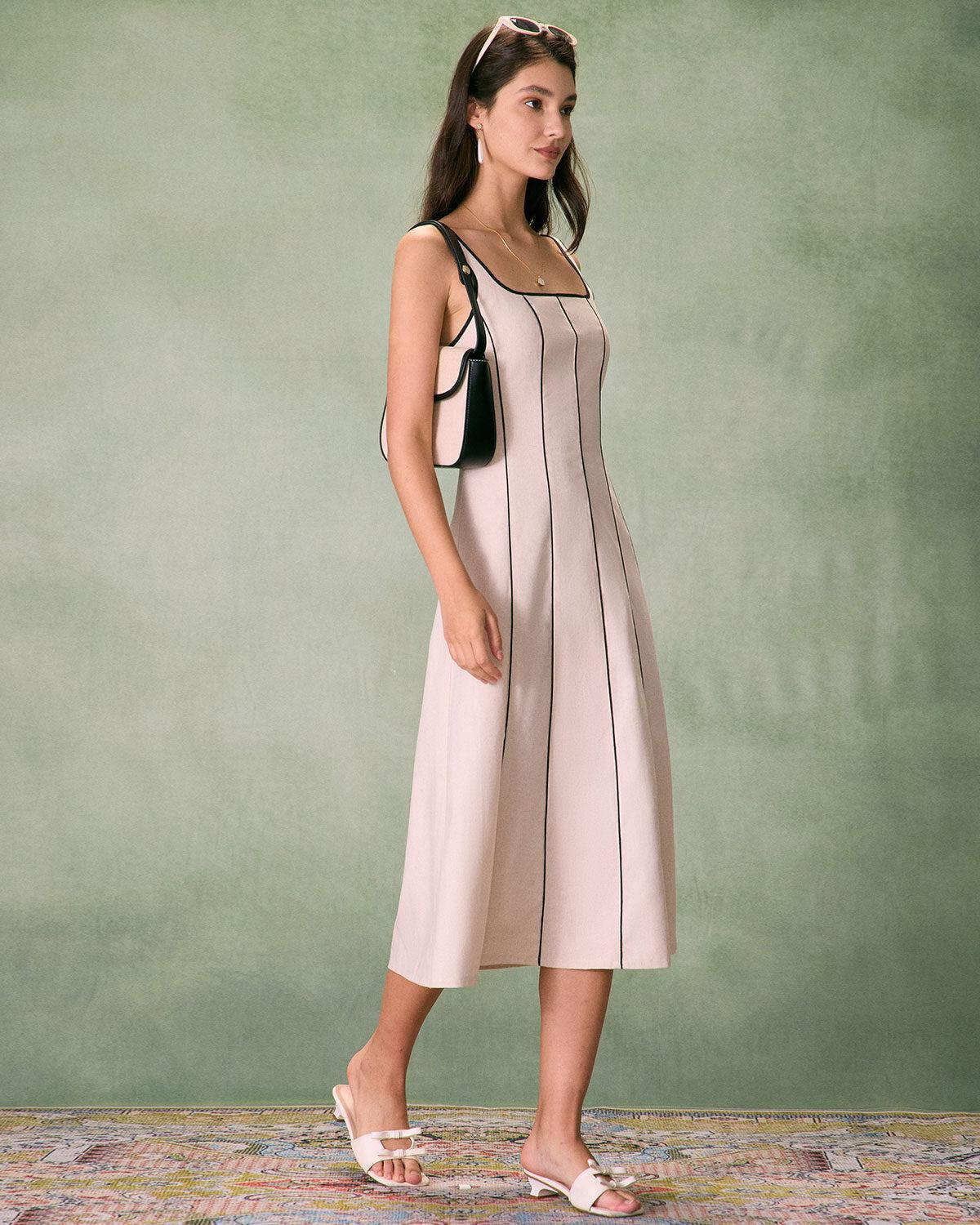 The Khaki Square Neck Contrast Midi Dress Product Image