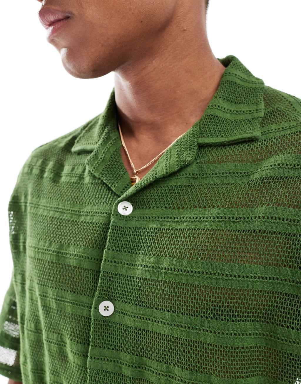 ASOS DESIGN oversized camp collar shirt in horizontal crochet lace Product Image