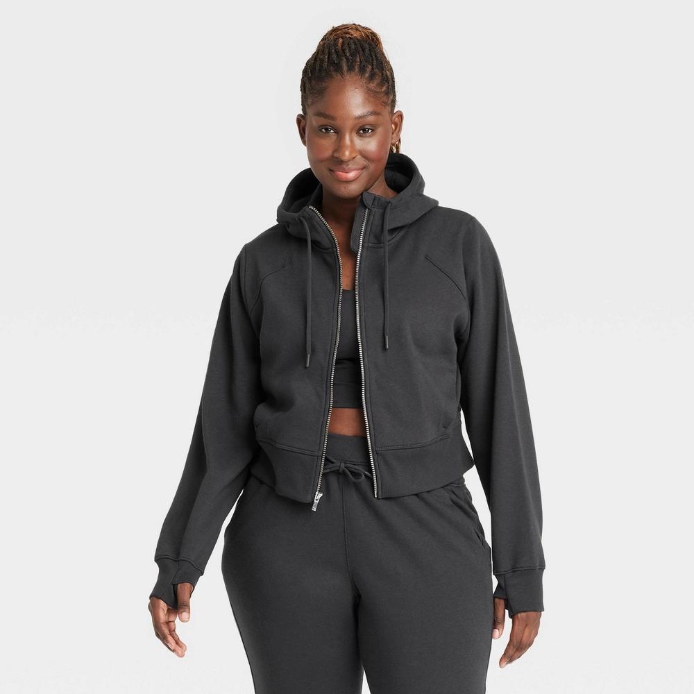 Women's Fleece Full Zip Hooded Sweatshirt - All In Motion™ Black XS: Relaxed Fit, Seam Pocket, Thumbholes Product Image