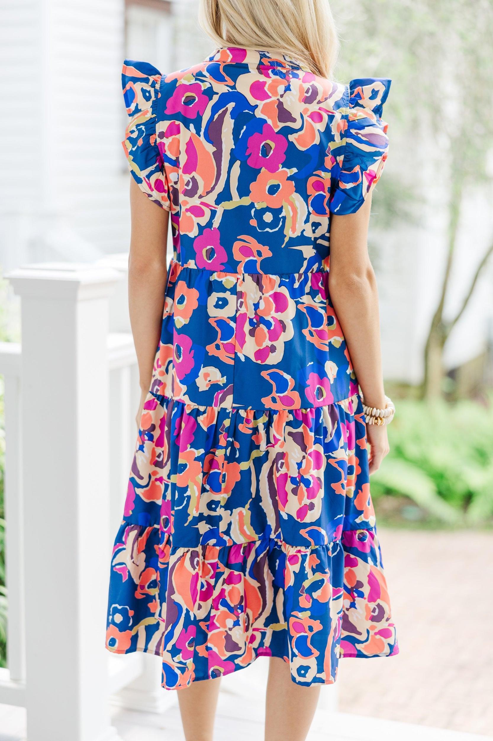 Make It Your Own Navy Blue Floral Tiered Dress Female Product Image