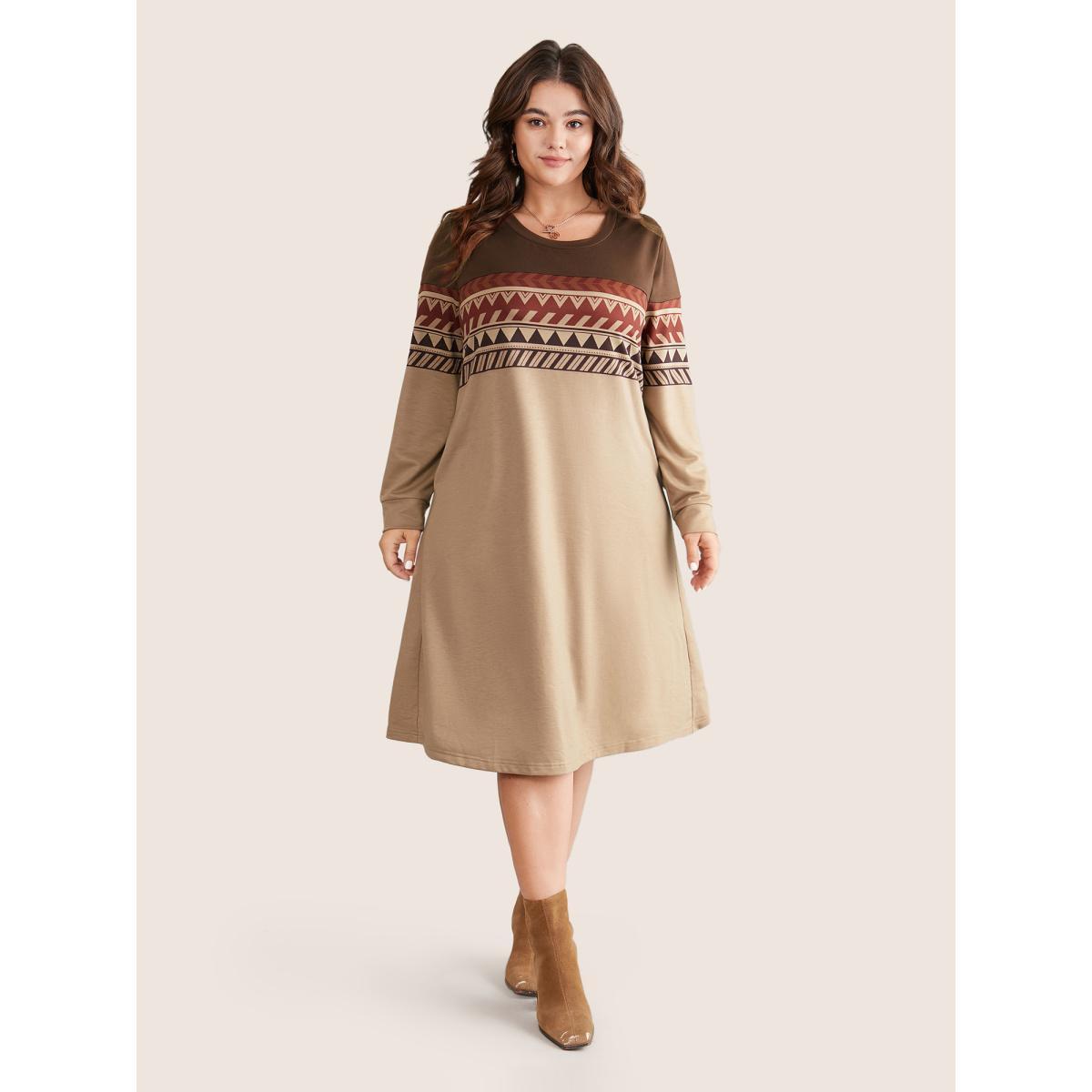 Plus Size Geometric Colorblock Pocket Midi Dress DarkBrown Women Casual Printed Round Neck Long Sleeve Curvy Midi Dress BloomChic 30/6X Product Image