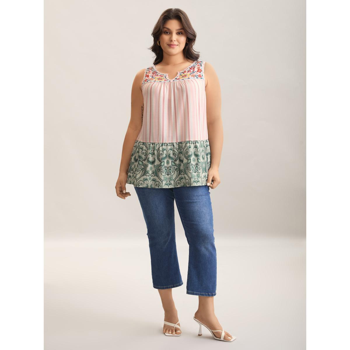 Plus Size Striped Print Spliced Ruffled Tank Top Women Multicolor Gathered Flat collar with V-notch Everyday-Elegant Tank Tops Camis BloomChic 14-16/1X Product Image